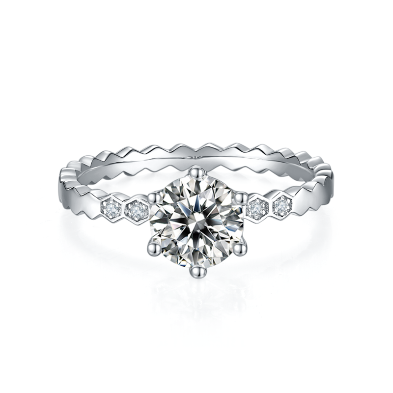 直臂微镶尚美蜂巢S925银镀白金MoissaniteWomen's Ring1ctD级